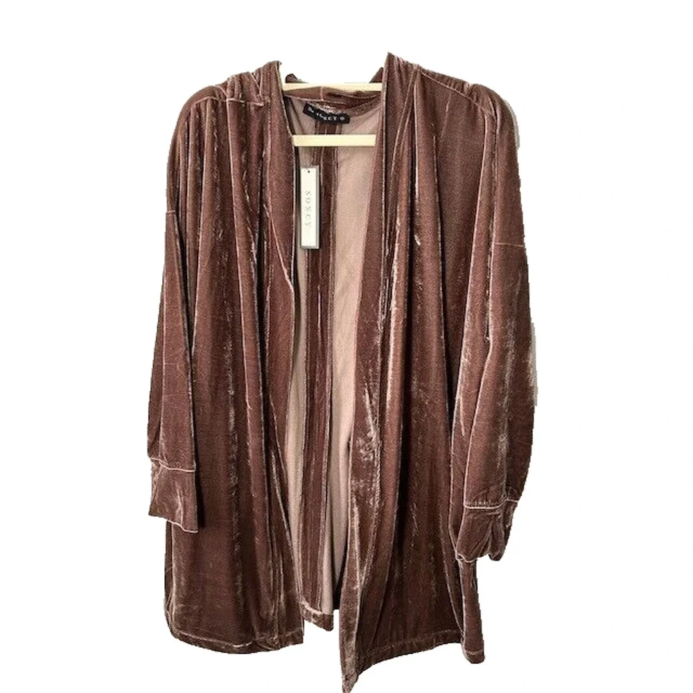 Soncy Cardigan Sweater Open Front Long Sleeves Shawl Collar‎ Velour Brown 1 NWT
